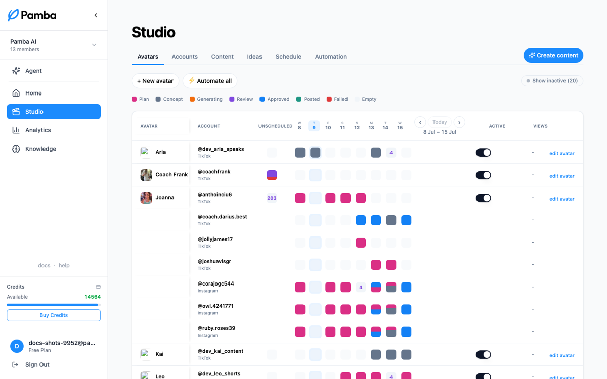 The Studio: the avatar-by-day grid with stage-colored chips